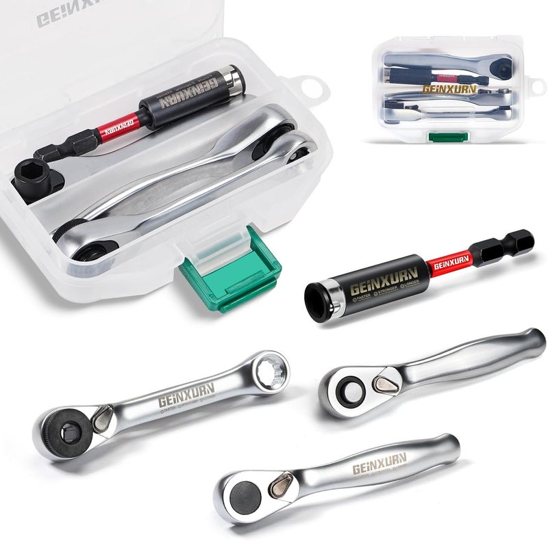 GEINXURN Mini Ratchet Wrench& Bit Holder Set 4 Pcs, 1/4" Drive Ratchet Handle Wrench, 72-T Quick-Release Reversible Socket Wrench, Impact Extension Bit Holder with Case - Image 1